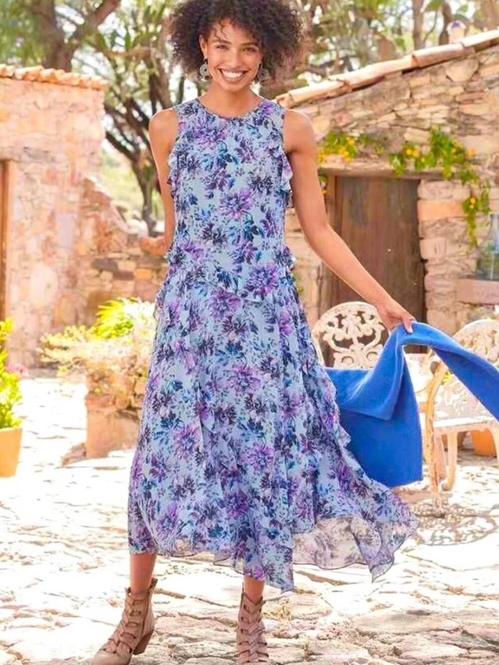 NWOT Sundance Floral Ruffle Midi Dress Blue Purple Viscose Lined Size Medium